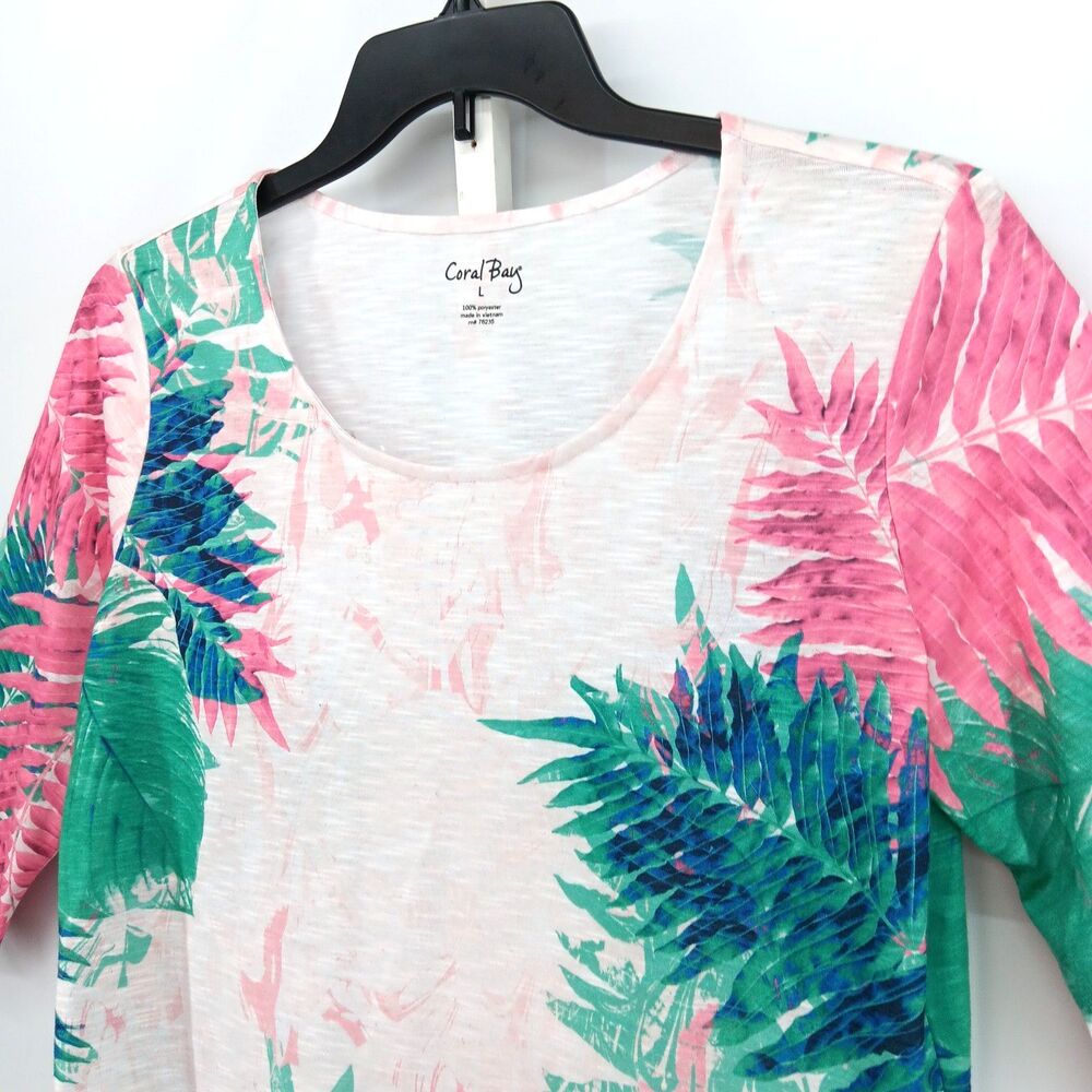 Coral Bay Shirt Women Large Pink Colorful Floral 3/4 Sleeve Round Neck Top - Picture 2 of 5